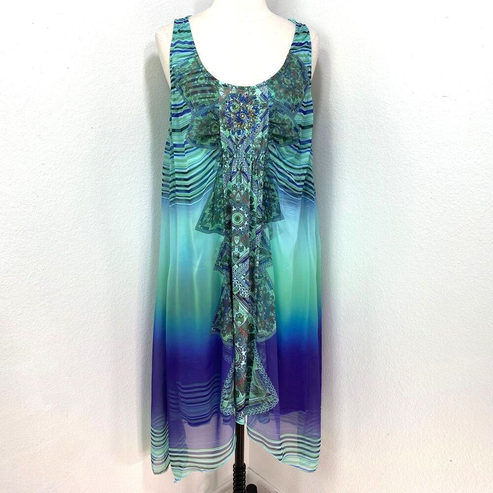 One World Blue Chiffon Tank Dress Large Sleeveless Lined Beach Boho Gypsy Resort